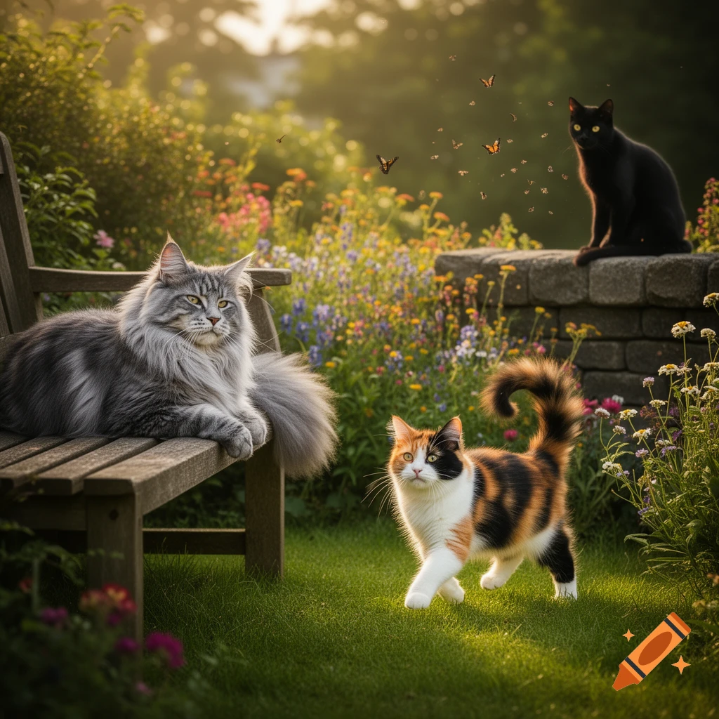 Three photorealistic cats in a vibrant, sunlit garden. A gray Maine Coon, a calico, and a black cat among flowers and butterflies.
