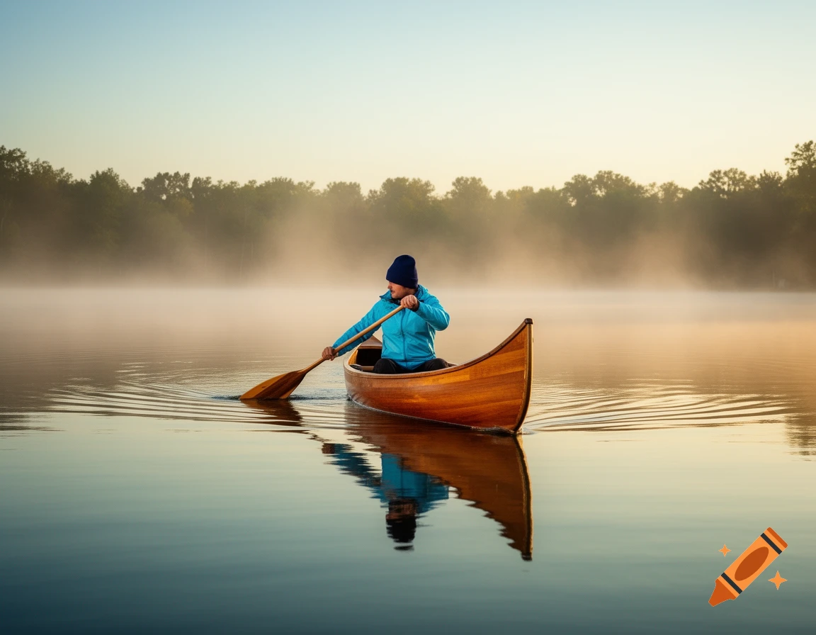 A person paddles a wooden canoe through a misty lake at sunrise, with forest in the background.