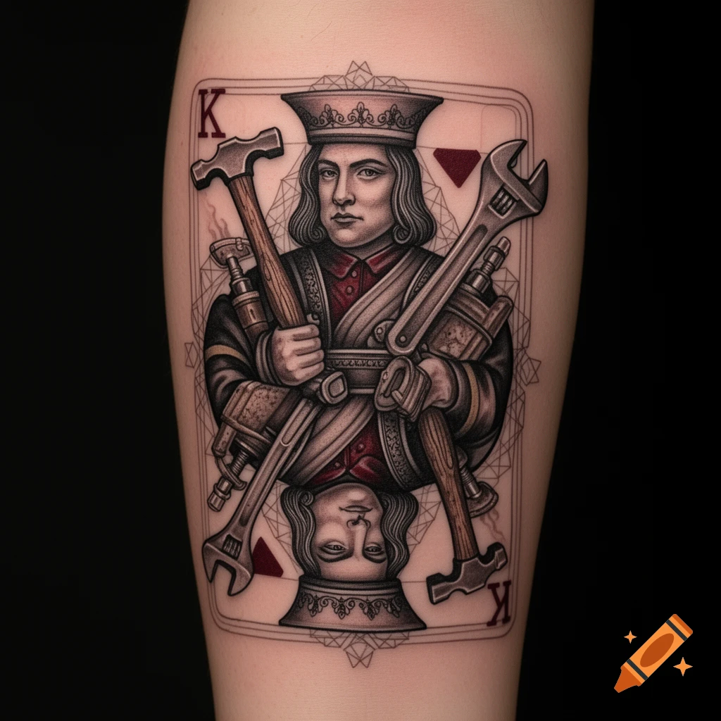 A detailed tattoo of a playing card king holding various construction and firefighting tools, depicted on skin.
