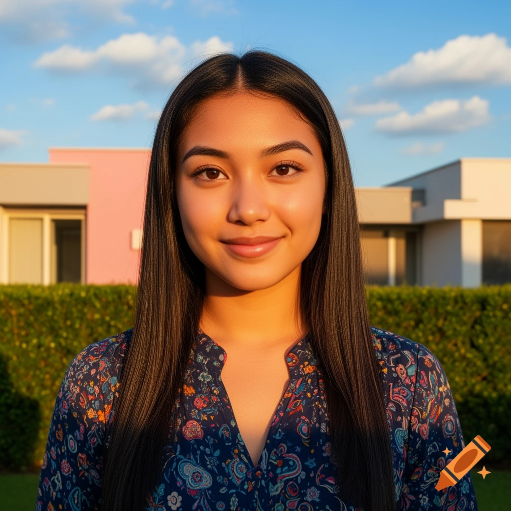 A smiling young woman with long dark hair wears a floral top, standing outdoors with modern houses and a blue sky in the background.