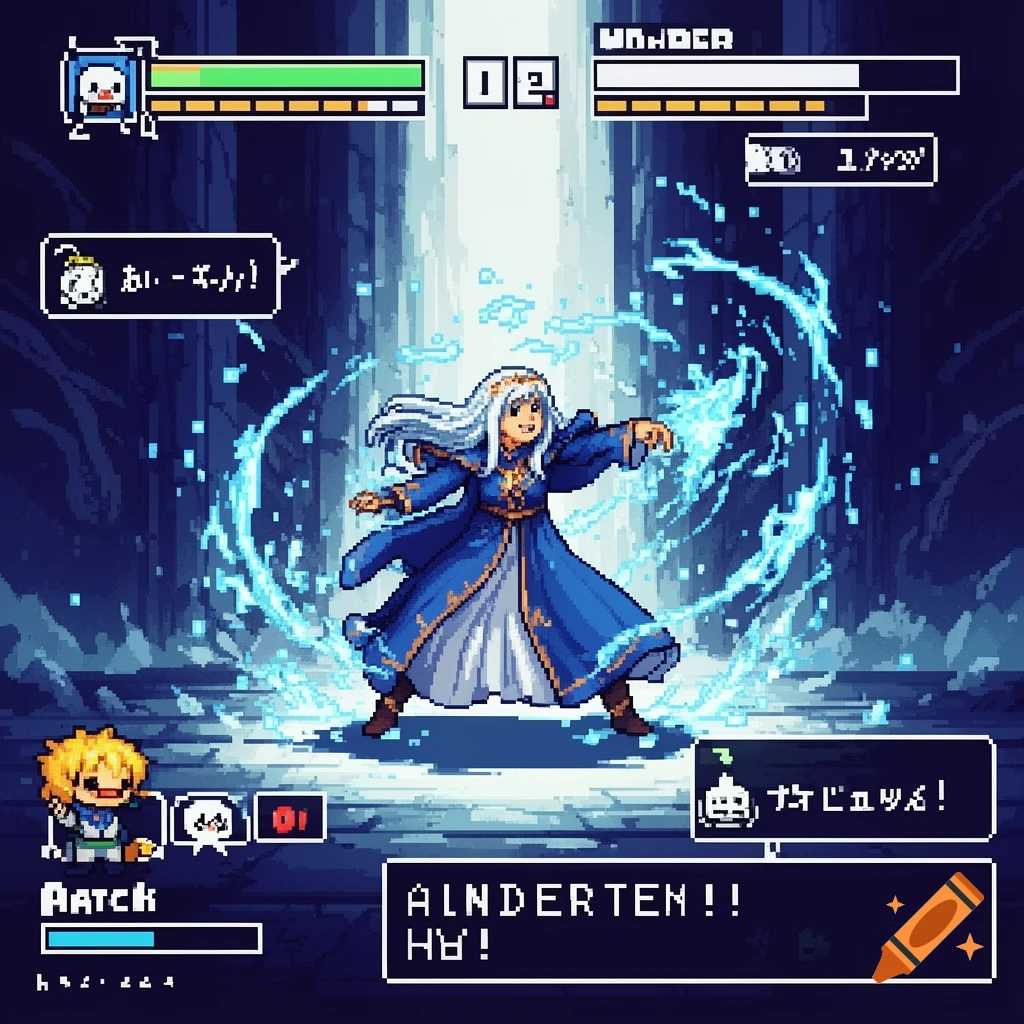 Pixel art scene of a white-haired woman in a blue robe casting a spell with blue energy amidst a dark dungeon-like background, with game UI elements like health bars and dialogue boxes.