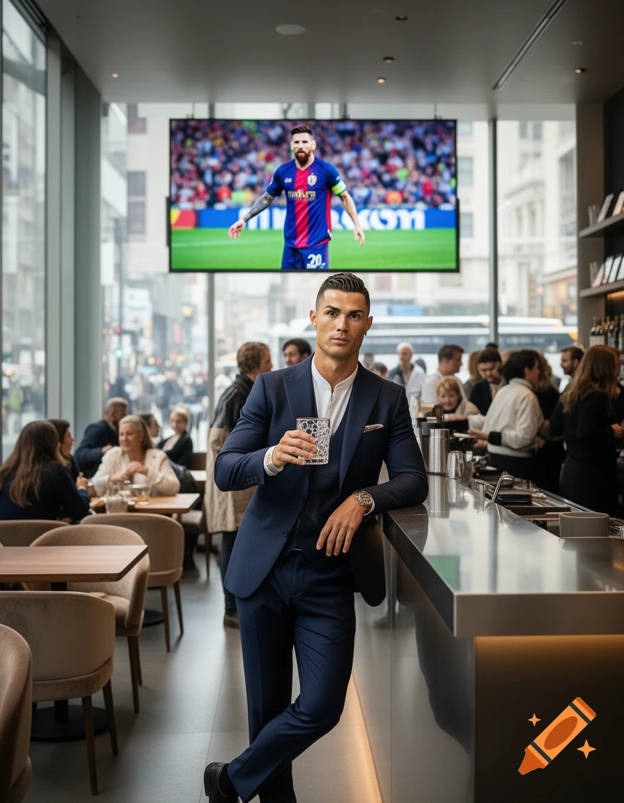 A photorealistic image of Cristiano Ronaldo in a blue suit holding a glass at a bar, with Lionel Messi on a TV screen in the background.