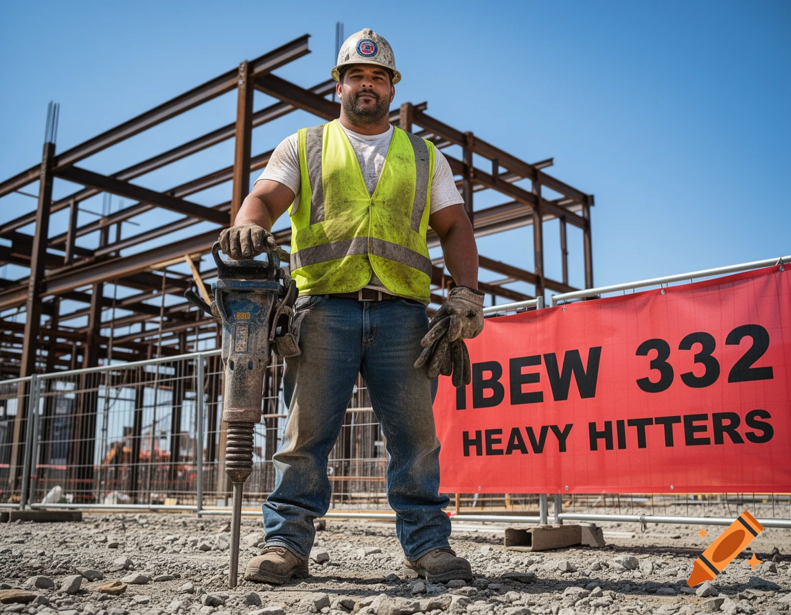 A construction worker in a hard hat and safety vest holds a jackhammer at a sunny construction site with a banner that reads "IBEW 332 HEAVY HITTERS".
