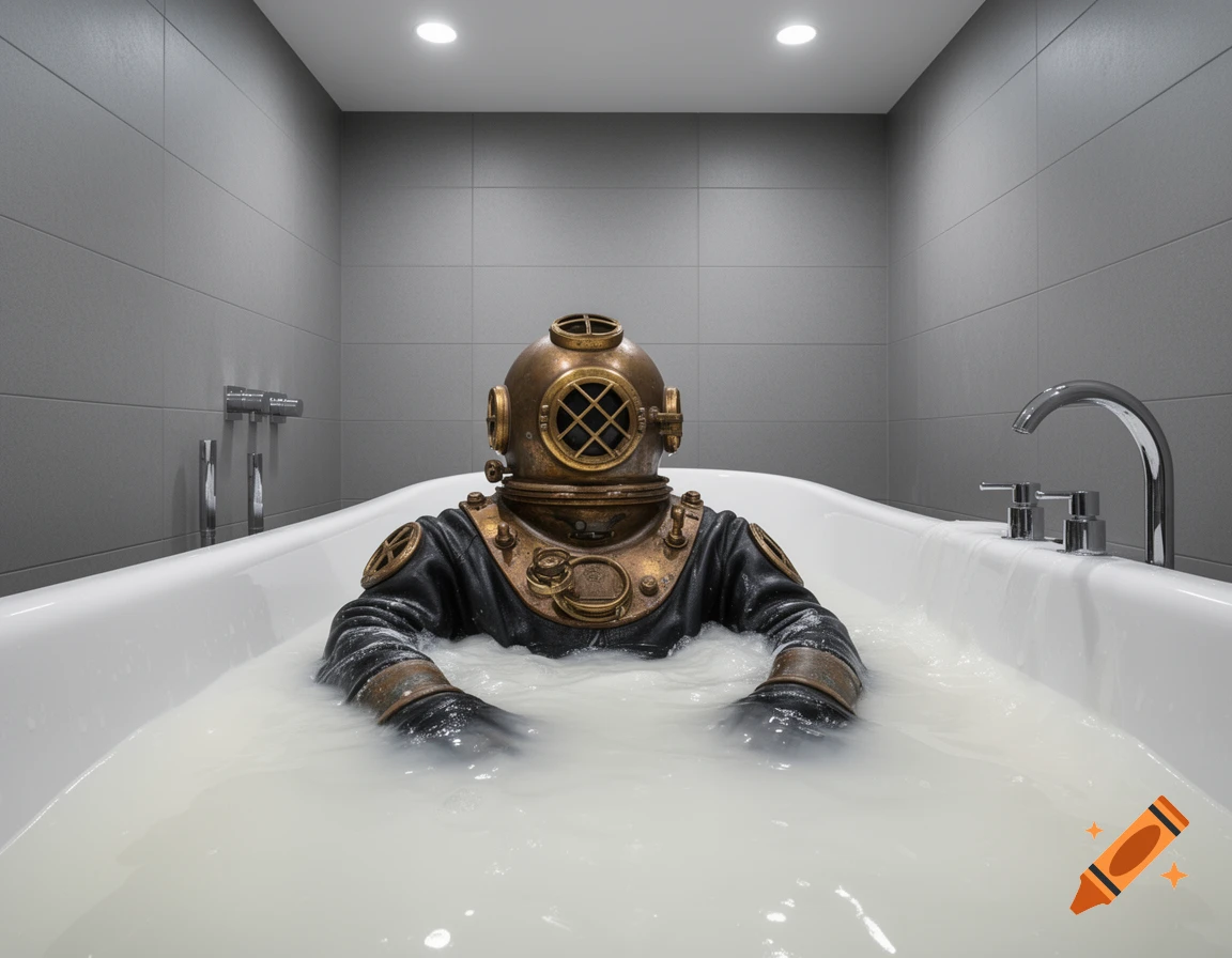 A vintage deep-sea diving suit sits upright in a modern white bathtub filled with thick, milky white liquid.
