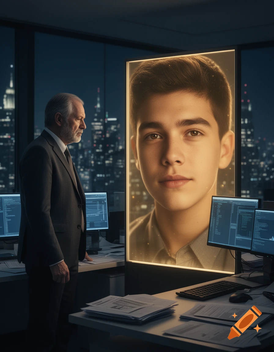 A tired middle-aged man in a suit stands in a dark office, looking at a glowing projection of a younger, hopeful version of himself, with city lights outside.