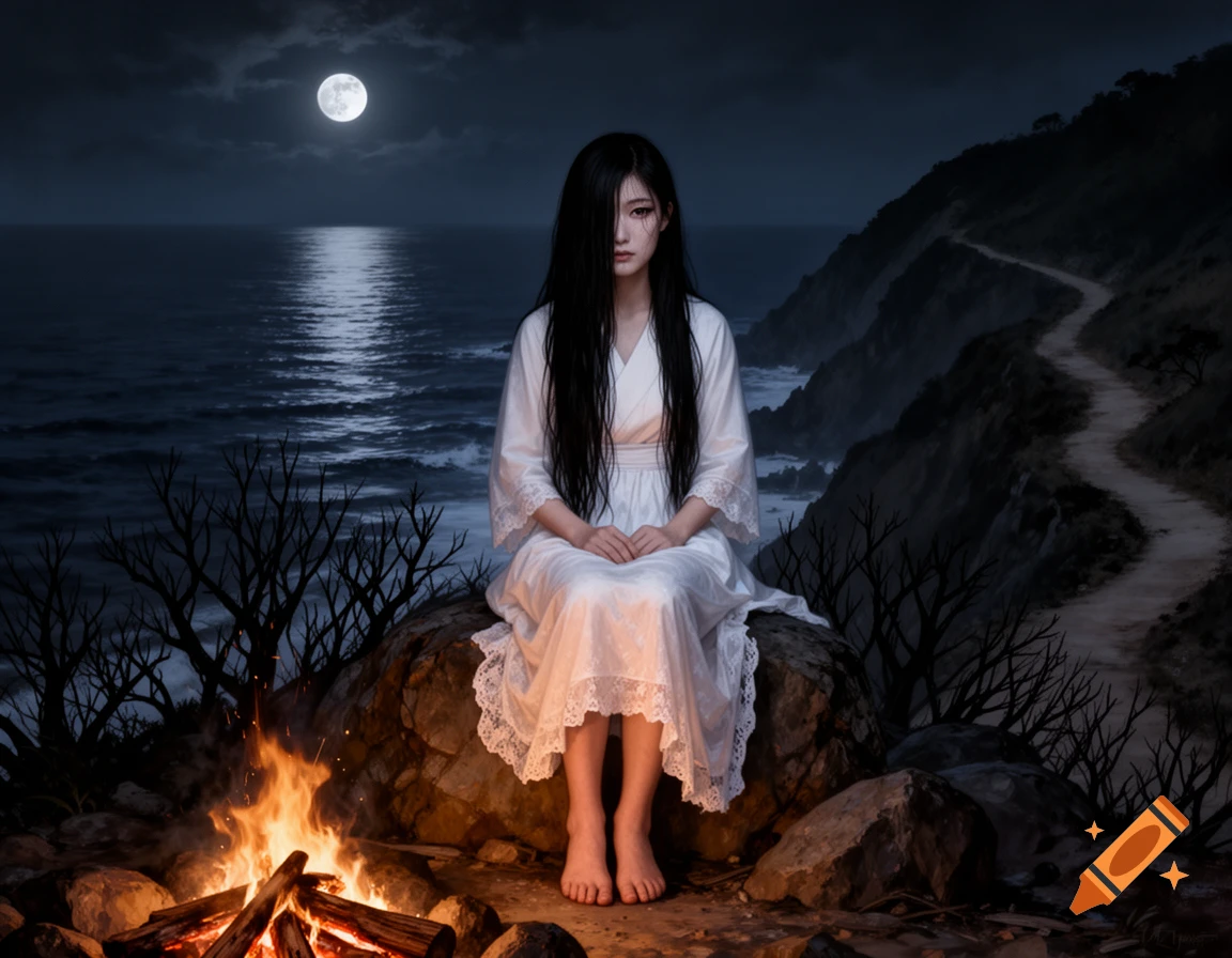 A Japanese ghost woman with long black hair and a white dress sits by a campfire on a rocky coast under a full moon, with a winding path on a mountain in the background.
