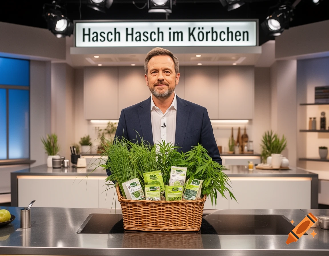 A man in a suit stands in a brightly lit studio kitchen behind a counter with a basket of cannabis plants and herbs. A sign above reads "Hasch Hasch im Körbchen".