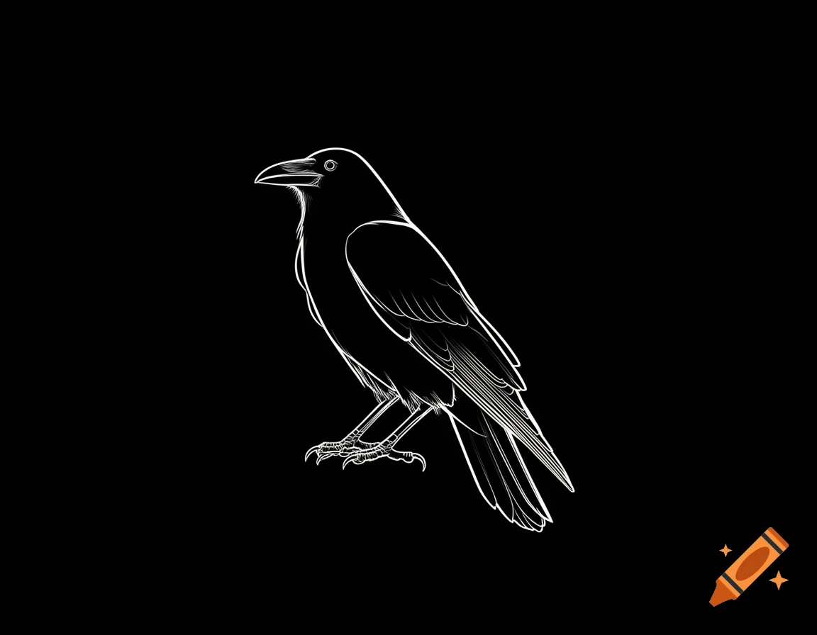 A minimalist white outline illustration of a crow standing on a black background.