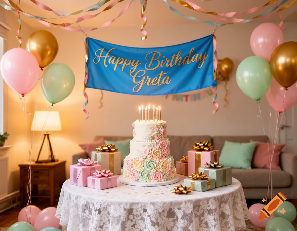 A festive birthday setup with a three-tier cake, lit candles, colorful balloons, and wrapped gifts on a lace-covered table, with a 'Happy Birthday Greta' banner.