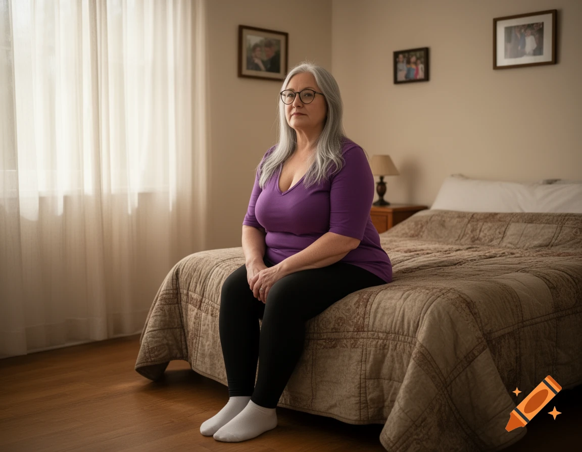 Middle-aged woman with grey hair and glasses sits on a bed in a bedroom, wearing a purple shirt, black leggings, and white socks.