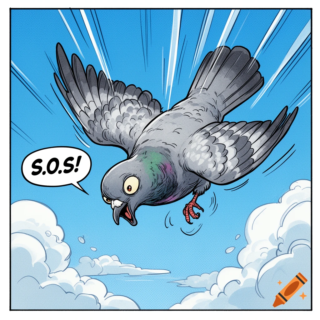 A distressed cartoon grey pigeon falls from a blue sky, exclaiming S.O.S! in a speech bubble.