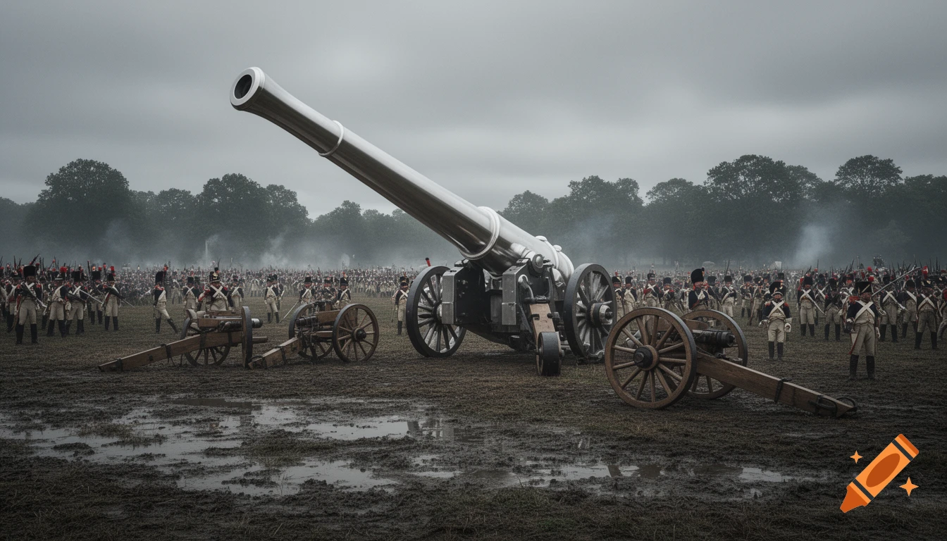 A colossal modern cannon stands on a muddy battlefield, surrounded by Napoleonic-era soldiers and smaller antique cannons under a cloudy sky.