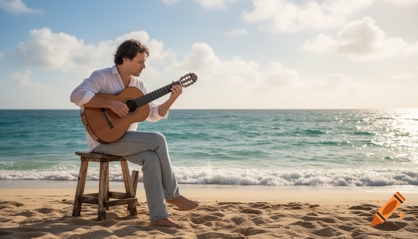 A man plays a classical guitar on a wooden stool on a sunny beach, with the ocean and blue sky in the background.
