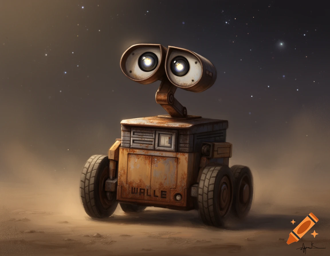 A rusty, old-style robot resembling WALL-E stands on a dusty, barren planet under a star-filled night sky.