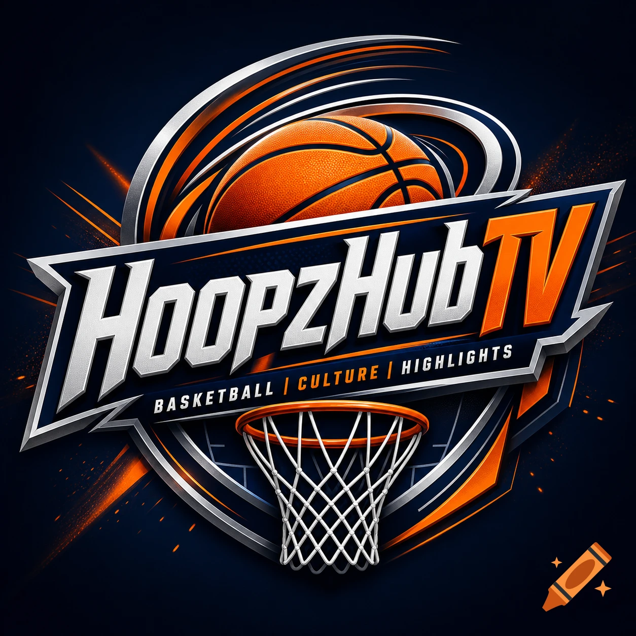 Professional vector illustration of a basketball sports show logo, 'HoopzHubTV', with a basketball, hoop, and metallic orange accents on a dark background.