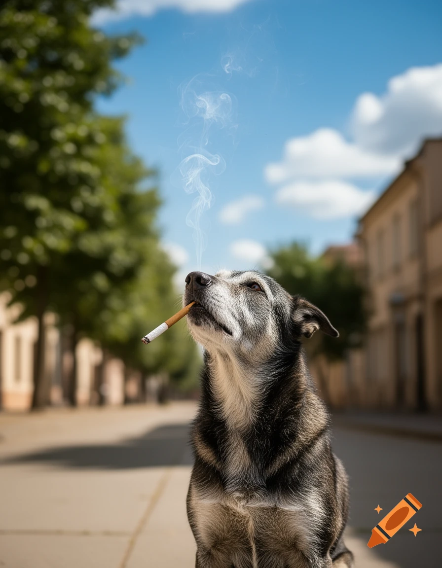 A photorealistic image of a dog with a cigarette in its mouth, smoke rising into a blue sky.