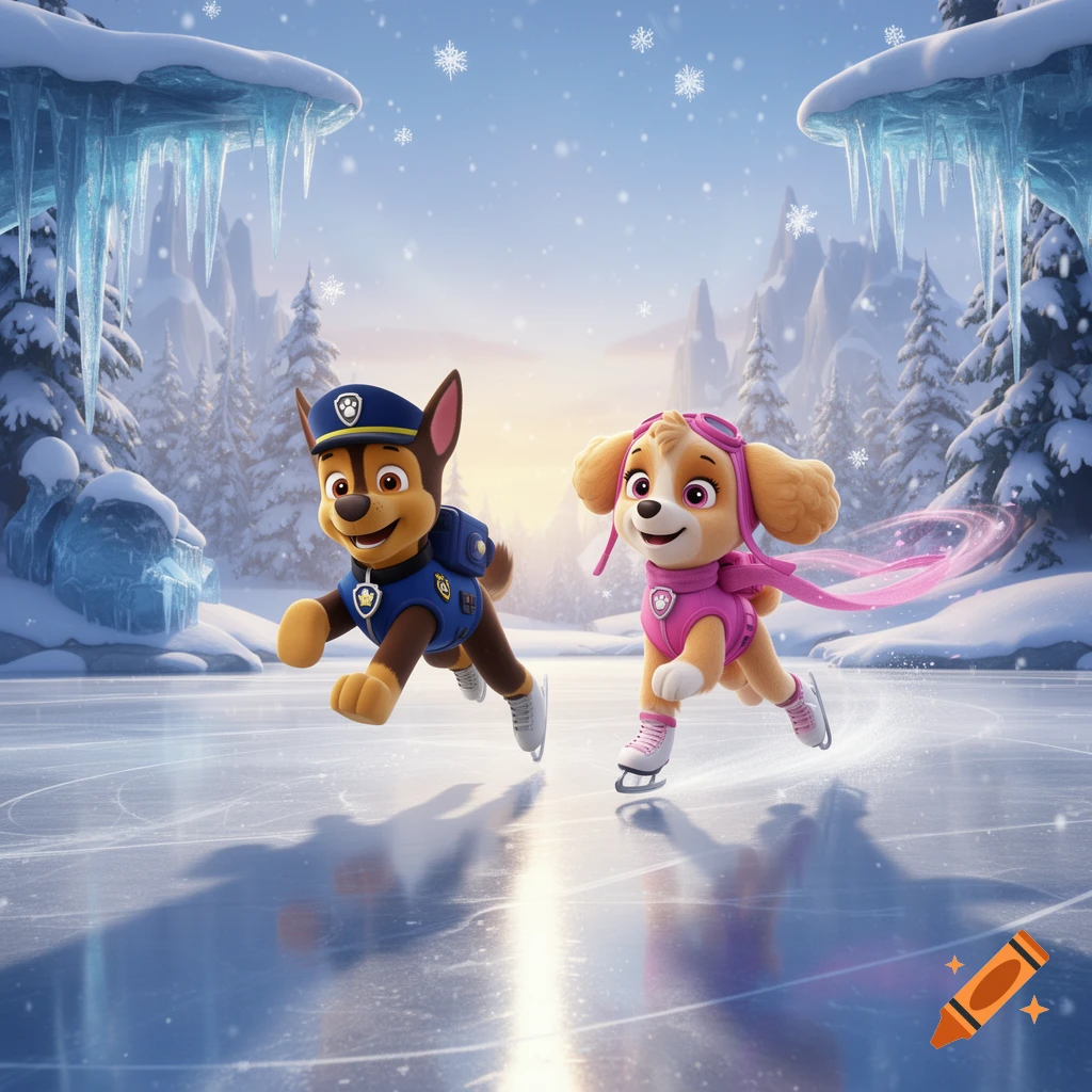 Cartoon Paw Patrol characters Chase and Skye ice skating on a frozen lake in a snowy mountain landscape, with falling snowflakes.