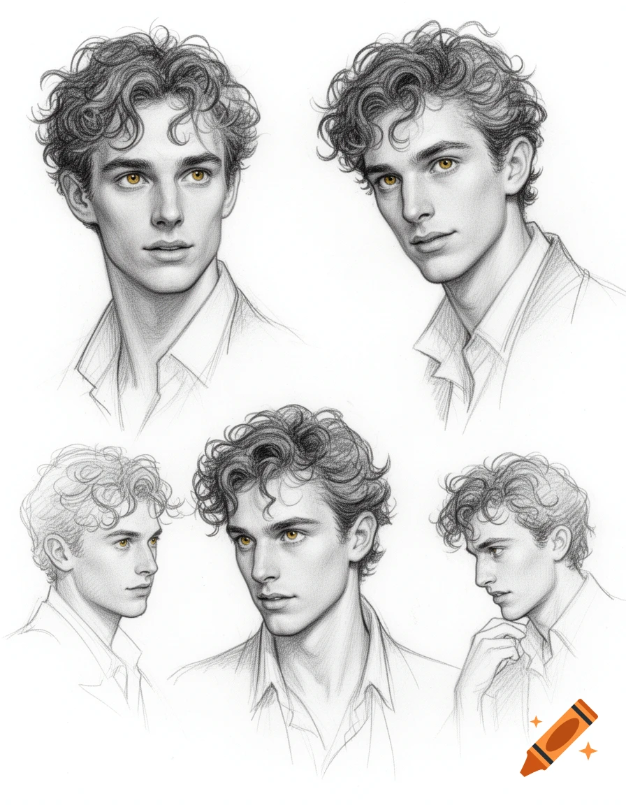 Multiple pencil sketches of a young man with curly dark hair and piercing yellow eyes, looking in various directions.