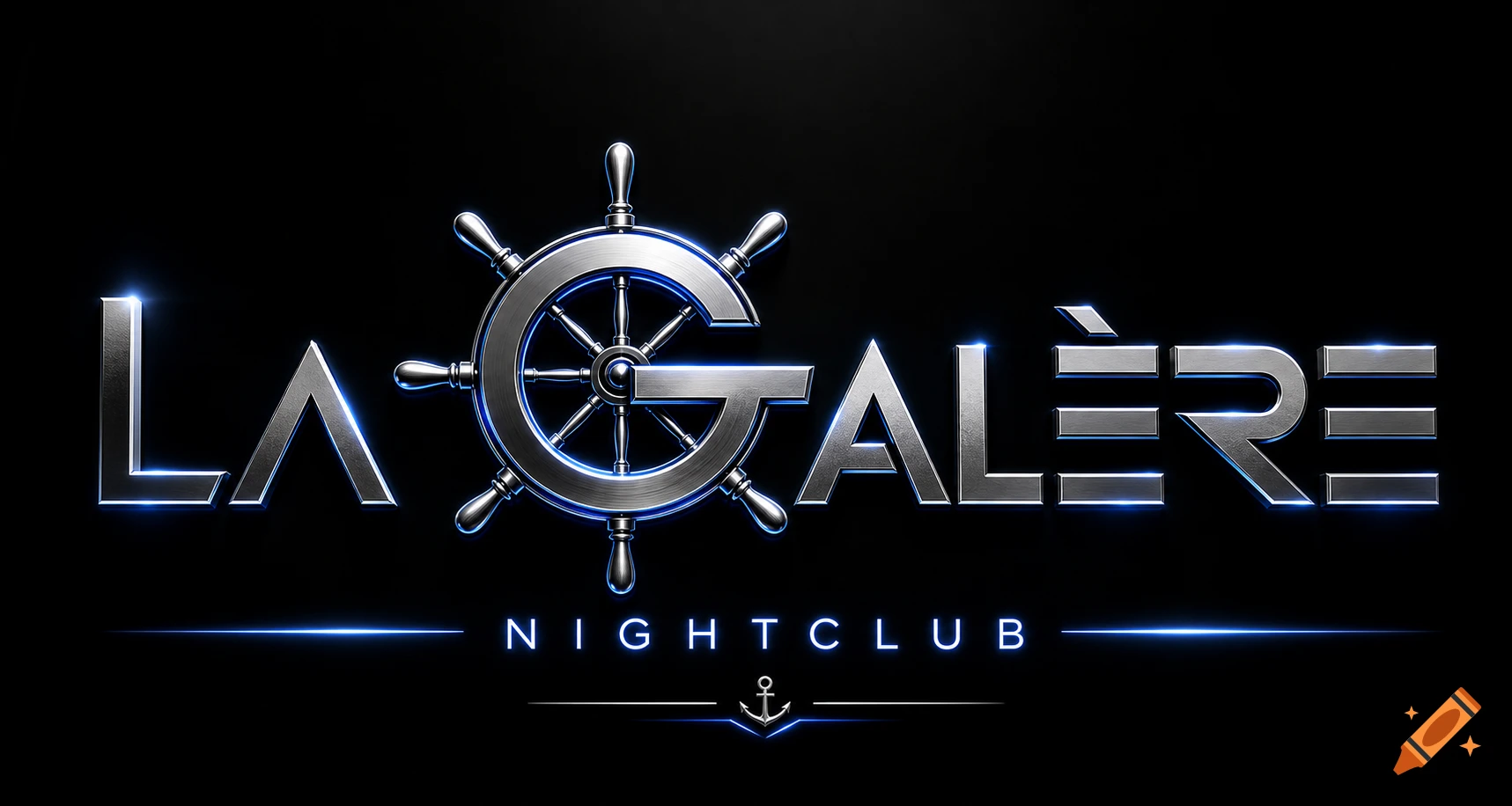 Metallic silver logo for 'LA GALÈRE NIGHTCLUB' with a ship's wheel replacing the 'G' and a glowing blue anchor below, on a black background.