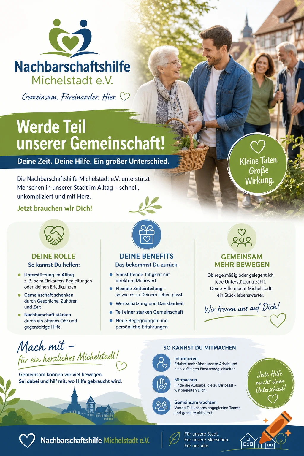 A modern, colorful flyer for 'Nachbarschaftshilfe Michelstadt e.V.' with smiling people, promoting community volunteer work and benefits.