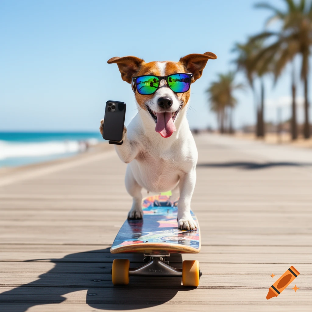 Photorealistic Jack Russell Terrier dog in sunglasses on a skateboard, holding a smartphone, on a beach boardwalk.