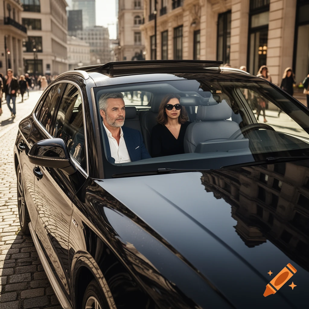 Photorealistic image of a man and a woman sitting in a black Audi Q5 Sportsback on a cobblestone city street with buildings and blurred pedestrians in the background.