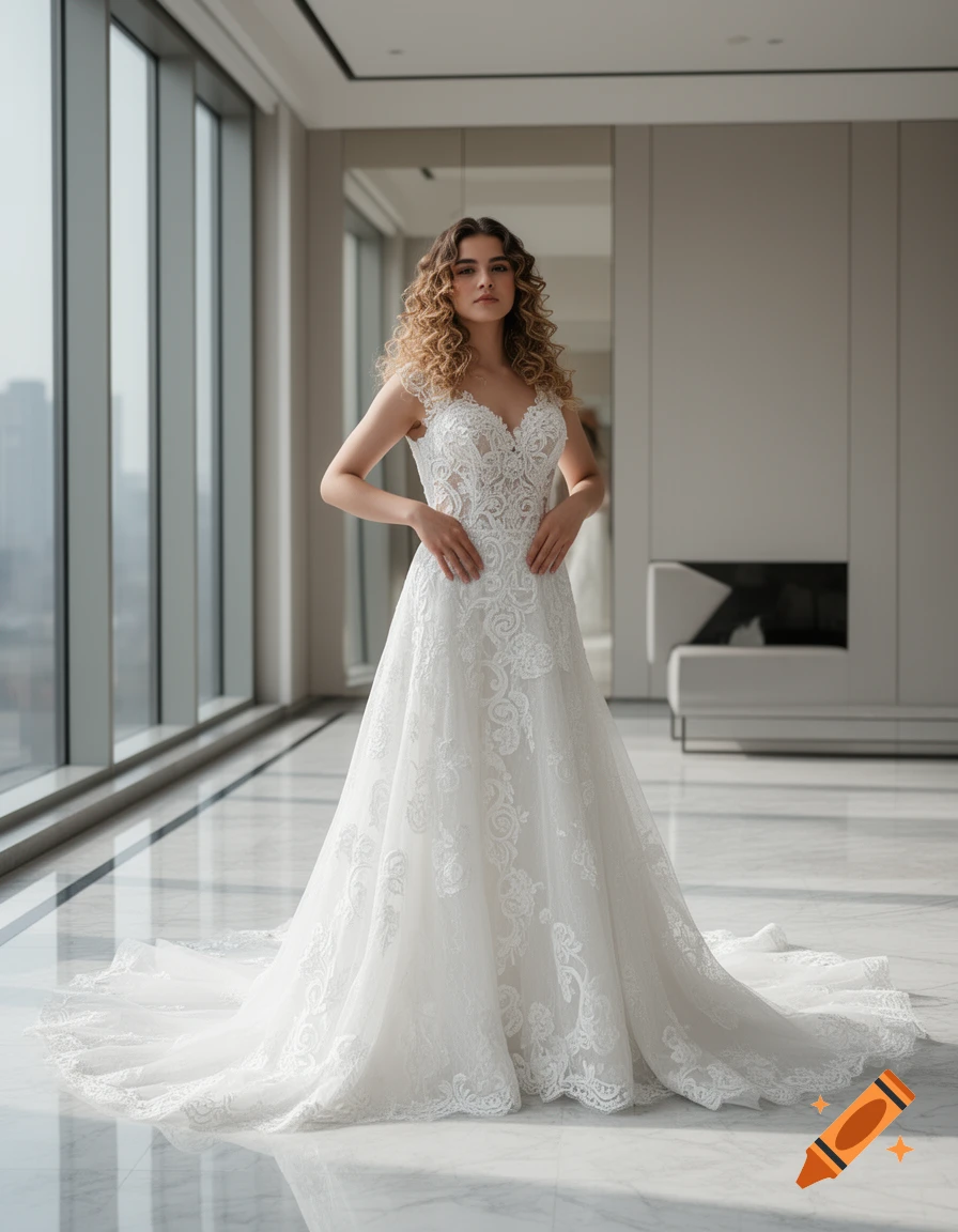 A woman with curly hair wearing a white lace wedding dress poses in a bright, modern room with large windows.
