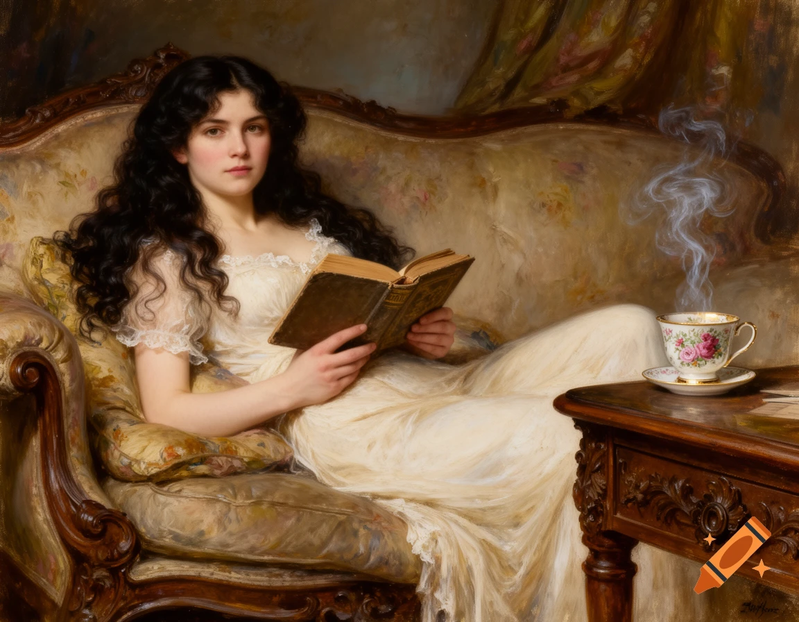 A serene Victorian woman with long dark wavy hair reclines on a sofa, holding an open book, next to a steaming tea cup.