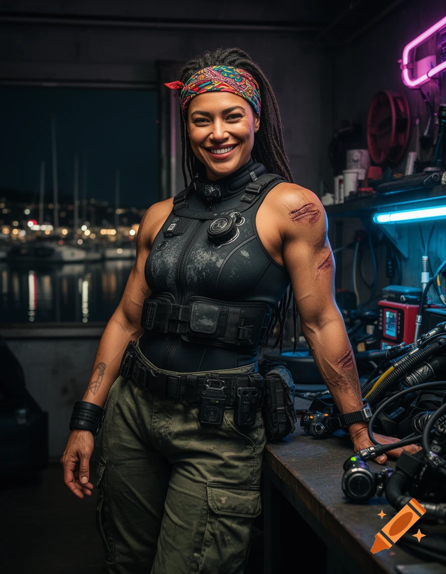Photorealistic portrait of a muscular Latina combat diver in tactical gear, smiling in a neon-lit diving workshop with a marina view.