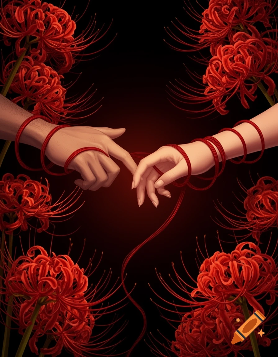 Illustrative image of a man's and a woman's hand reaching for each other, entwined with a red string, framed by red spider lilies on a dark background.