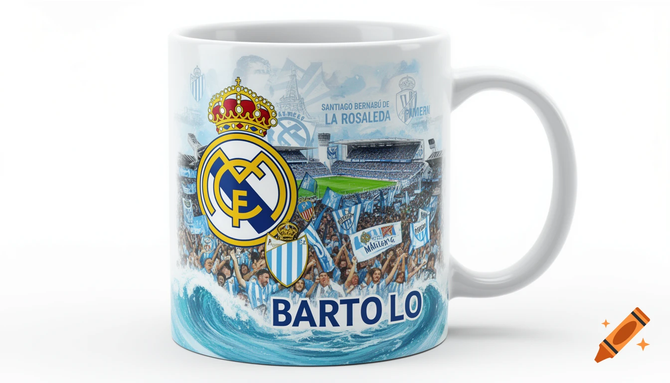 A white ceramic mug with a colorful collage design featuring the Real Madrid and Malaga C.F. football club logos, a stadium, a cheering crowd, and text 'BARTOLO' at the bottom, on a white background.