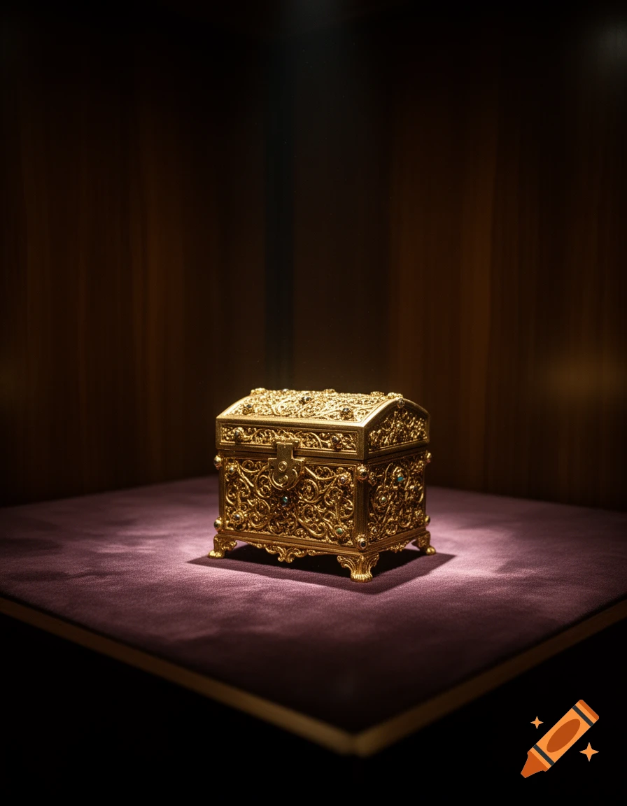 An ornate golden treasure chest with intricate filigree and small jewels sits on a purple velvet surface.