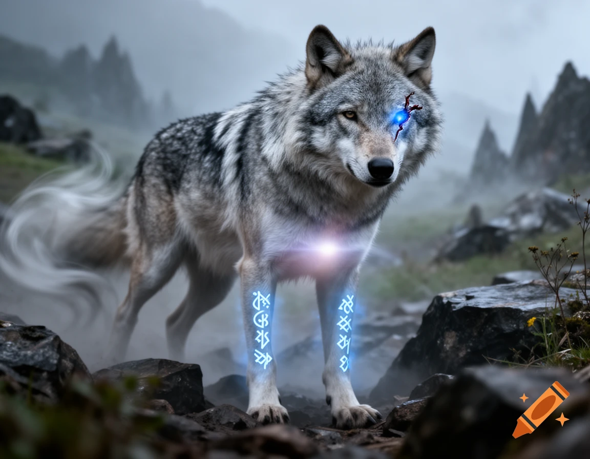 A majestic wolf with glowing blue symbols on its legs, a glowing scar over its eye, and a faint glow on its belly, stands in a misty, rocky landscape.