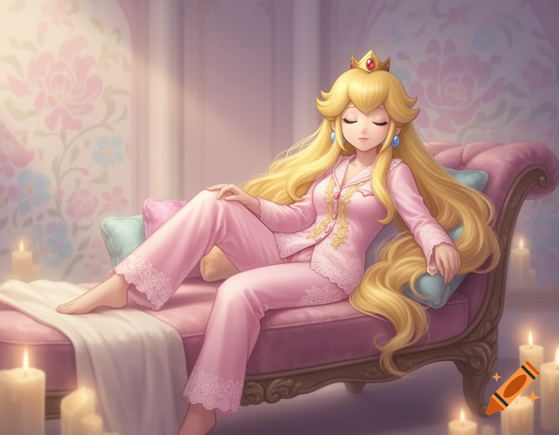 Princess Peach in pink pajamas relaxing on a chaise lounge surrounded by glowing candles, anime style.