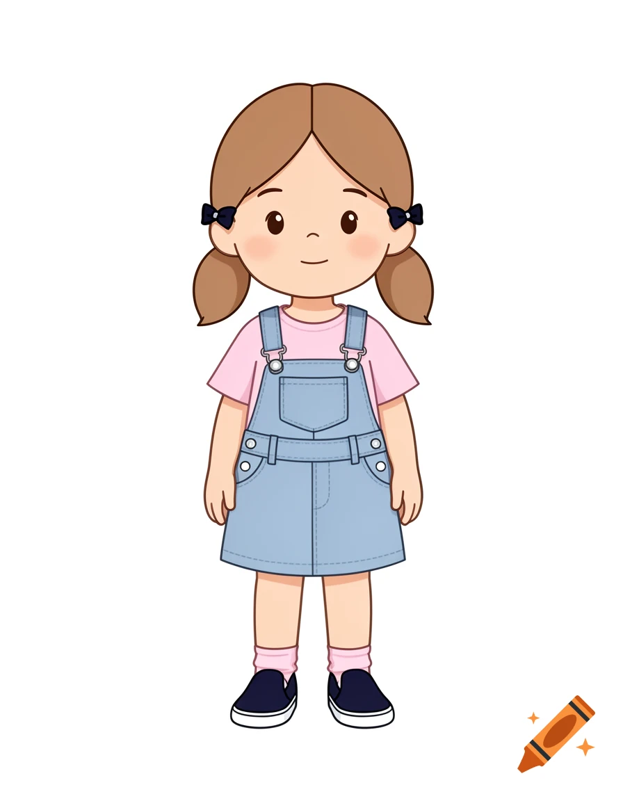 A 2D vector cartoon of a young girl with brown pigtails, wearing a pink t-shirt and blue denim overall dress with slip-on shoes.