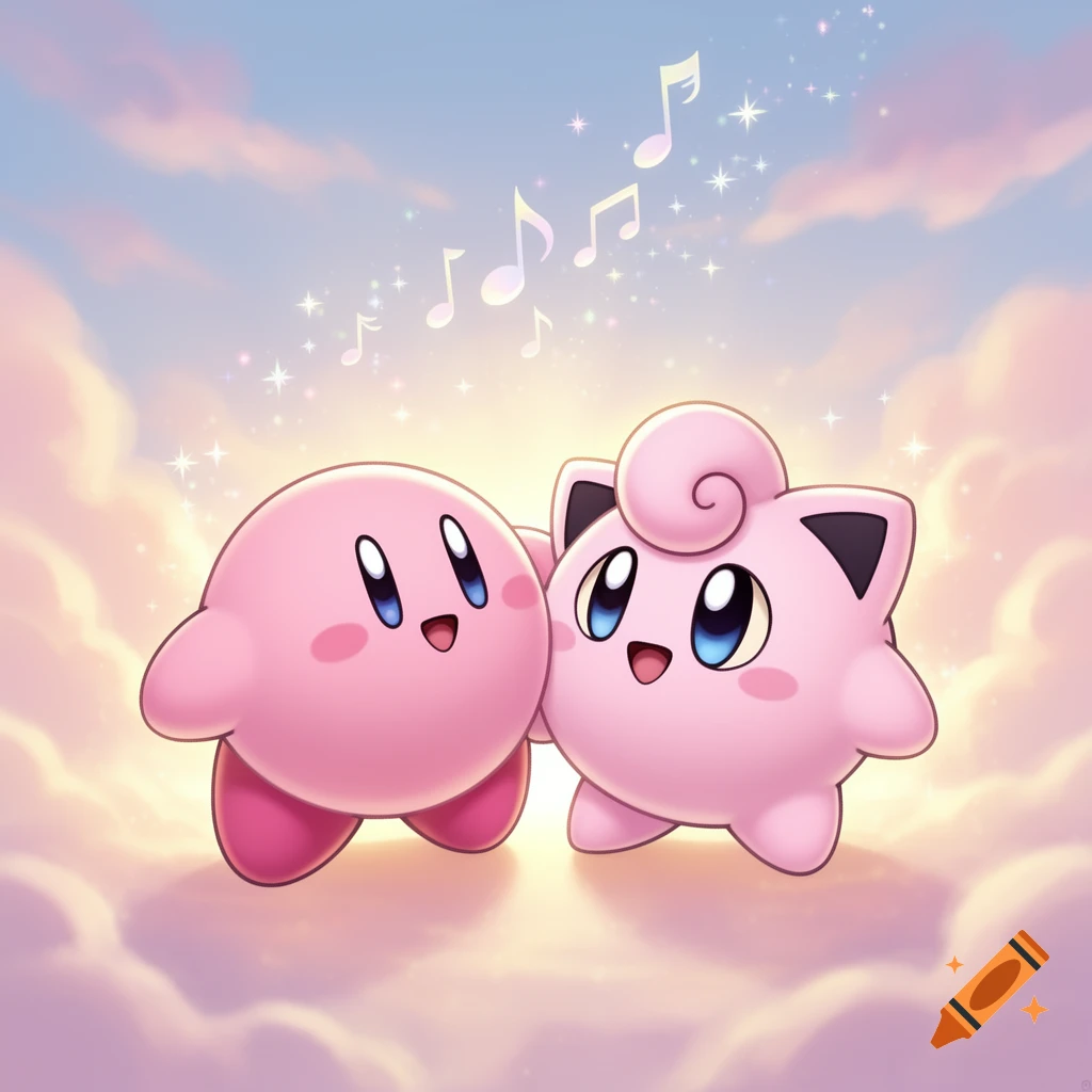 Kirby and Jigglypuff embrace happily amidst pink clouds and sparkling musical notes in a cute cartoon style.
