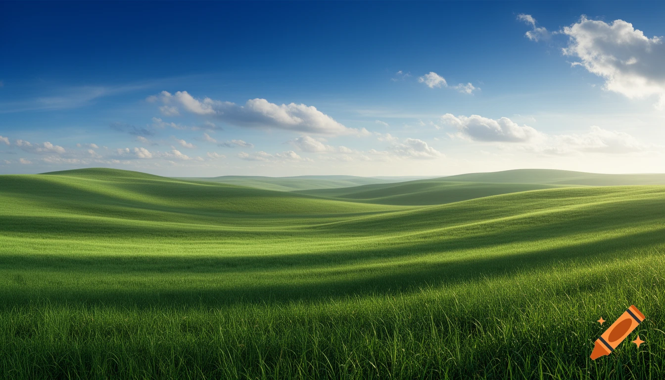 Lush green rolling hills under a bright blue sky with white clouds, resembling the Windows Bliss wallpaper.