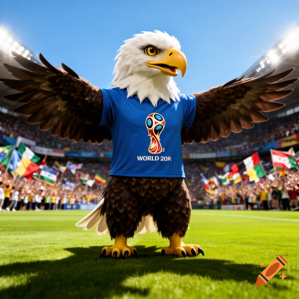 A photorealistic bald eagle mascot in a blue soccer shirt with a World Cup logo and garbled text, stands on a green field in a crowded stadium under a clear sky.