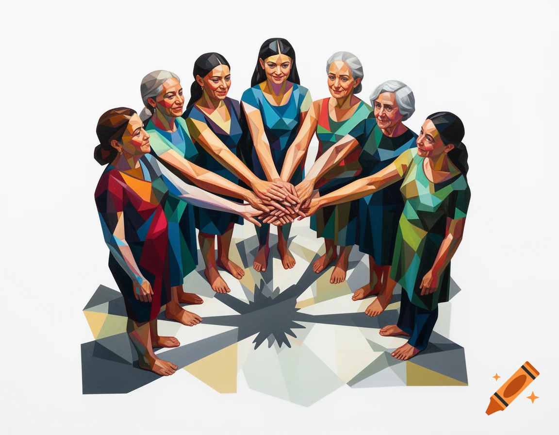Seven women in a cubist art style stand in a circle with their hands stacked in a huddle on a white background.