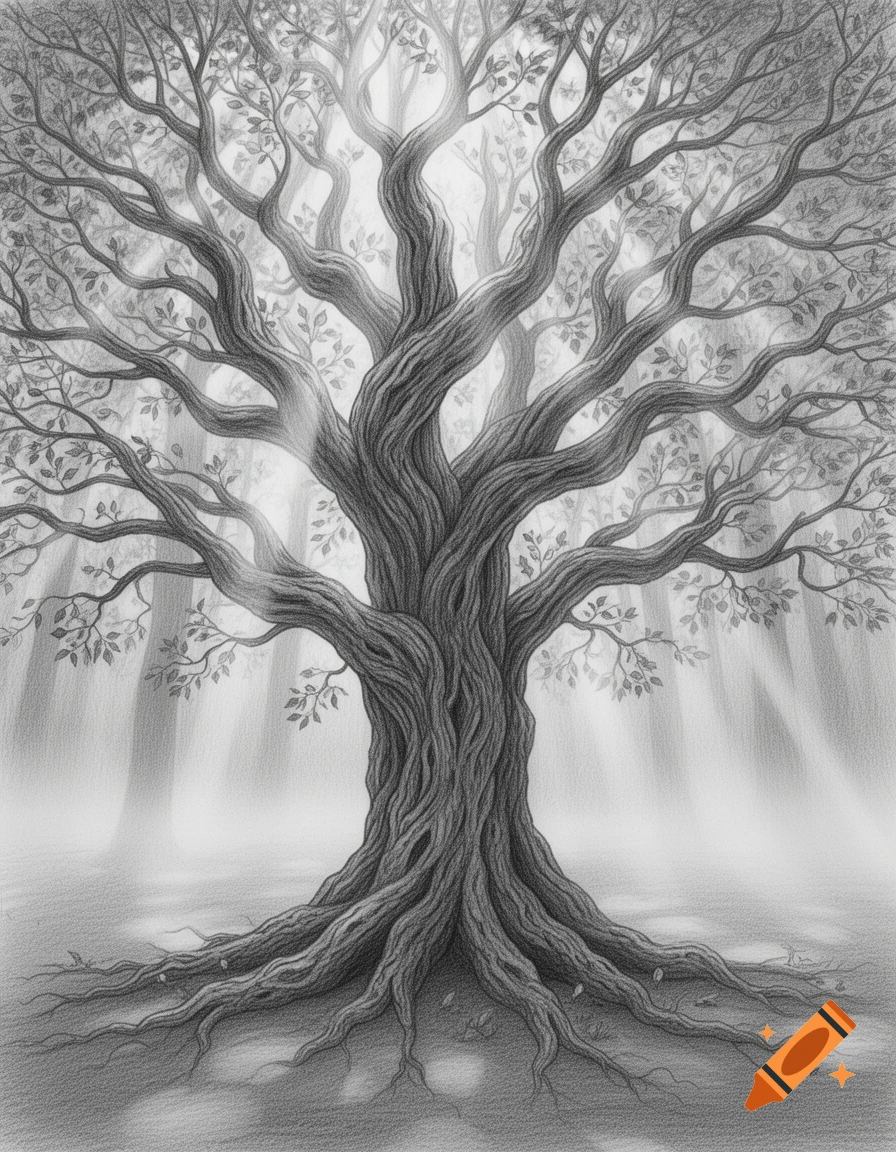 Detailed pencil drawing of an ancient tree with gnarled roots and branches, illuminated by light rays in a misty forest.