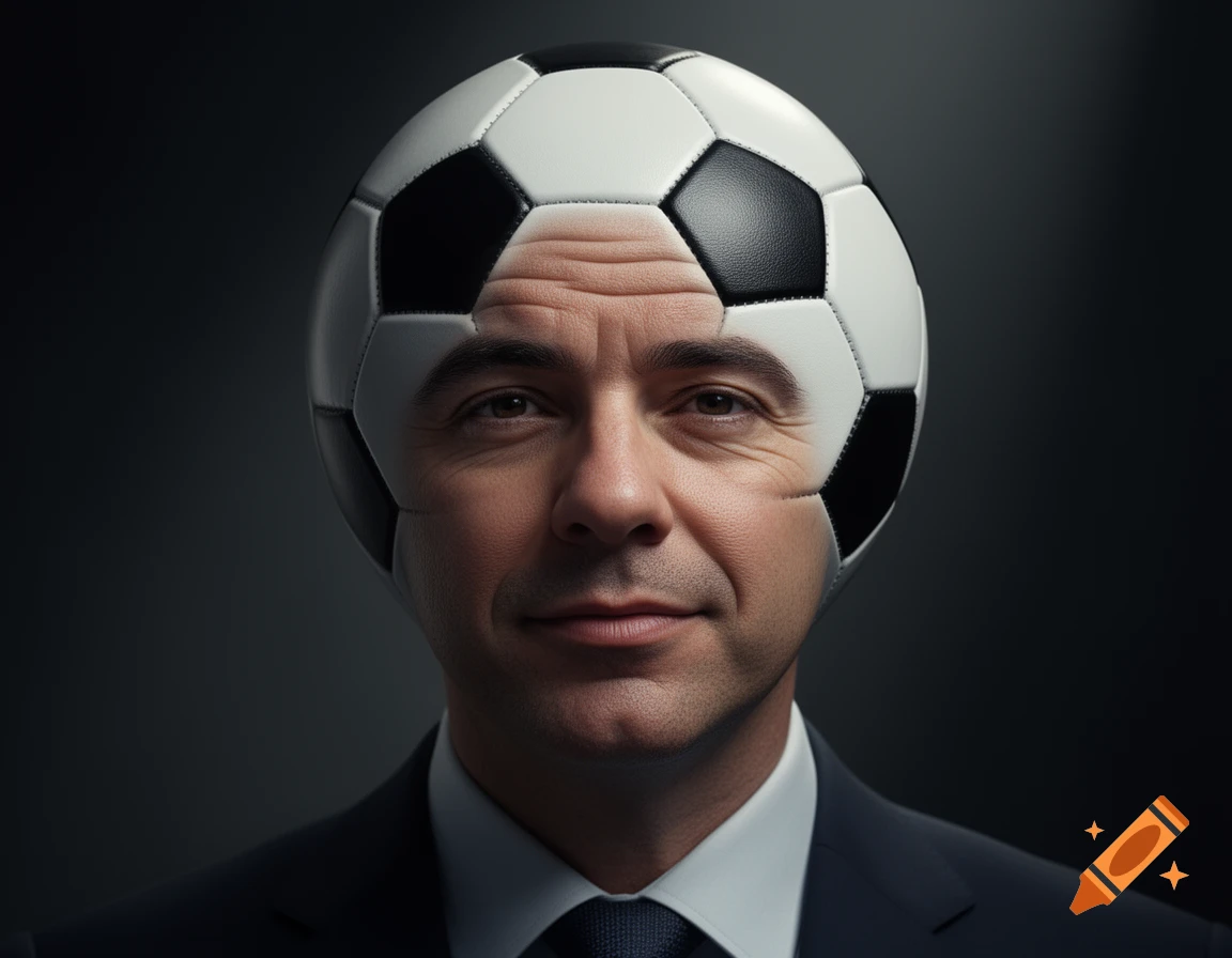 Close-up of a man's face with a soccer ball seamlessly blended into the top of his head, set against a dark background in dramatic lighting.