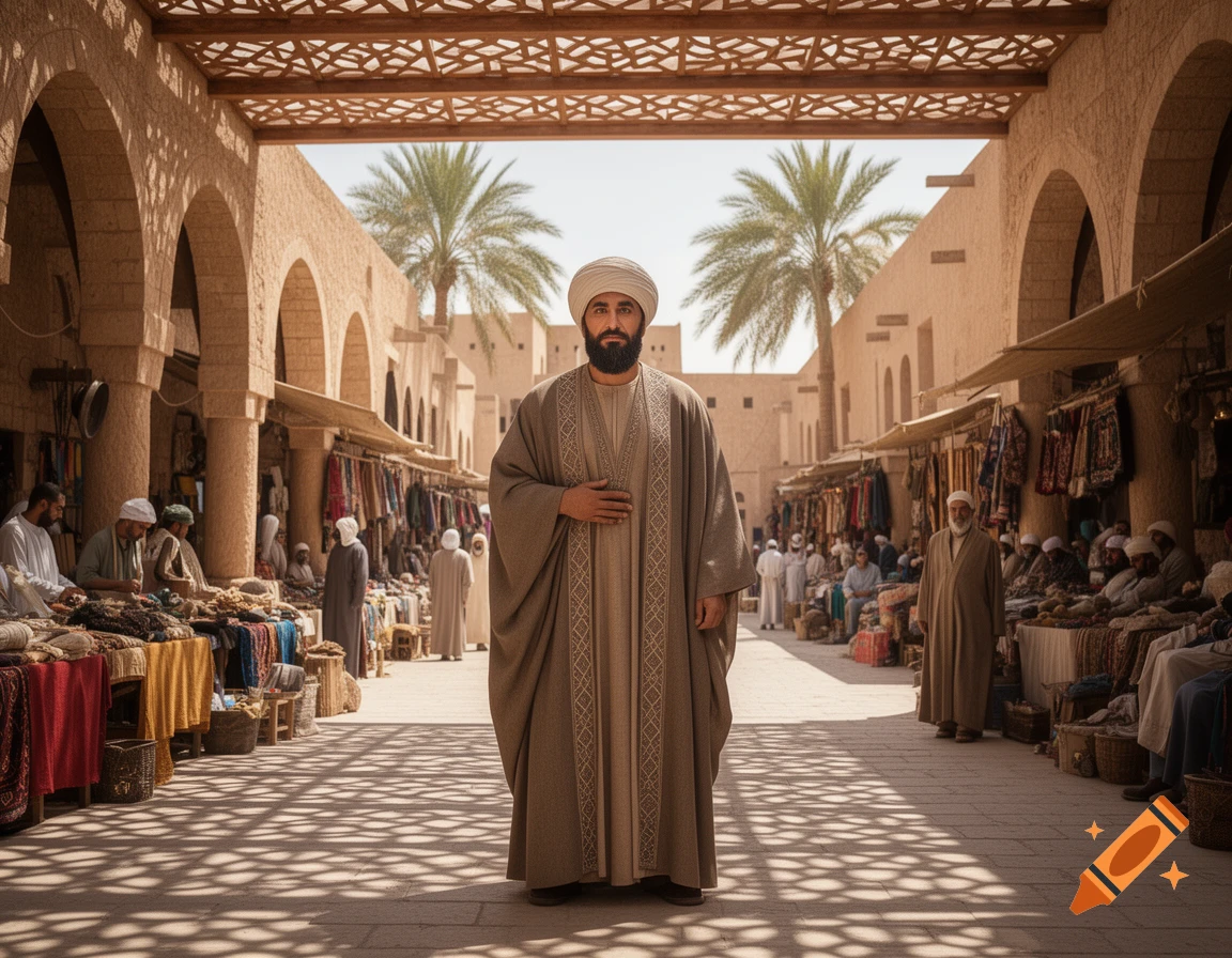 A man in a turban and long robe stands in a sunlit Middle Eastern marketplace with stalls and people.