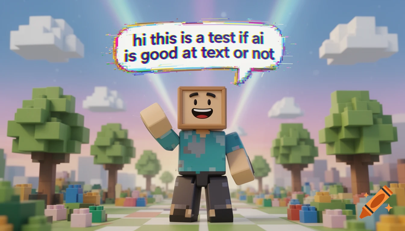A 3D cartoon, blocky character waves in a voxel landscape, saying 'hi this is a test if ai is good at text or not' in a glitchy speech bubble.
