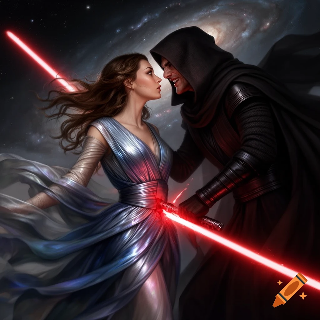 A menacing Sith stabs a distressed Jedi in a flowing silver gown with a red lightsaber, set against a star-filled galaxy. Digital art.