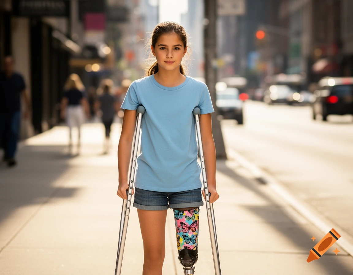 A young girl stands on a sunny city sidewalk, holding crutches, with a colorful butterfly-patterned prosthetic leg.