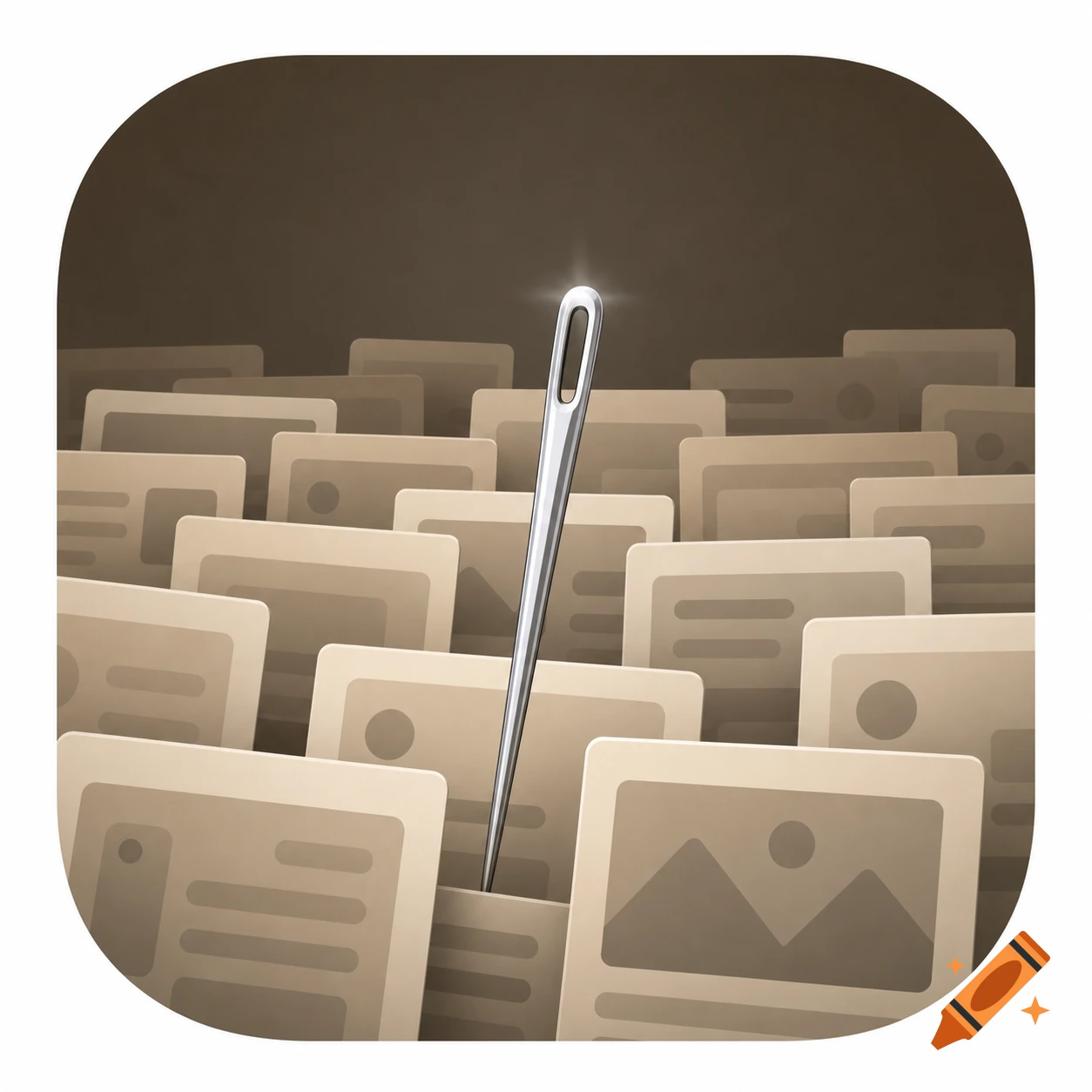 A stylized silver sewing needle stands out among numerous beige abstract app icons, depicting a 'needle in a haystack'.