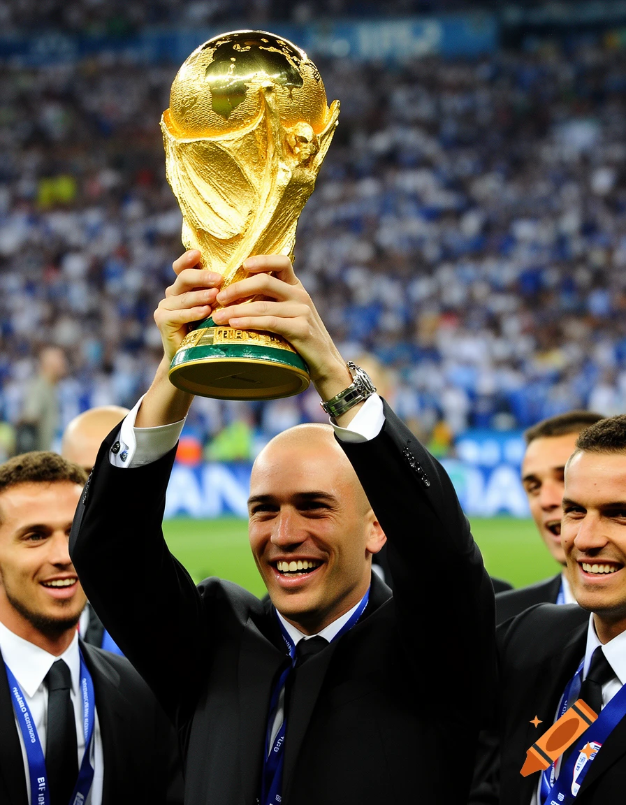 A bald man in a suit smiles broadly, holding a golden World Cup trophy above his head in a crowded stadium.