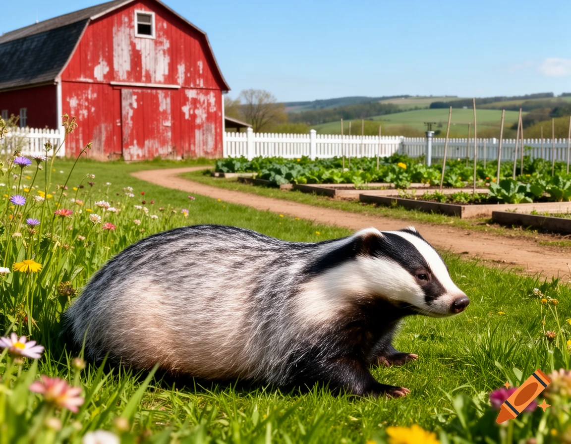 A photorealistic badger in a grassy field, with a red barn, white fence, and vegetable garden in the background.