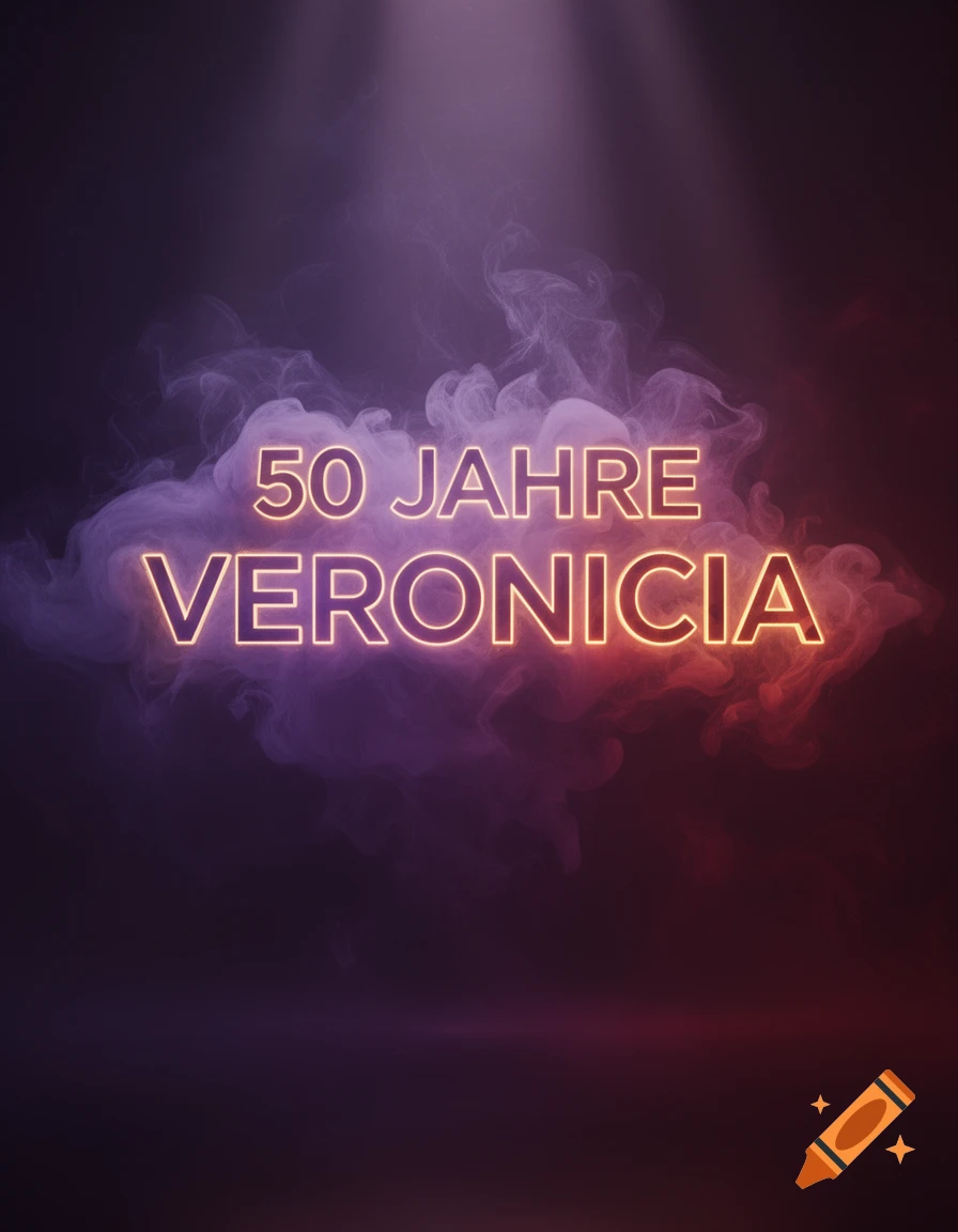 Glowing neon text '50 JAHRE VERONICIA' emerges from purple and red smoke on a dark background.