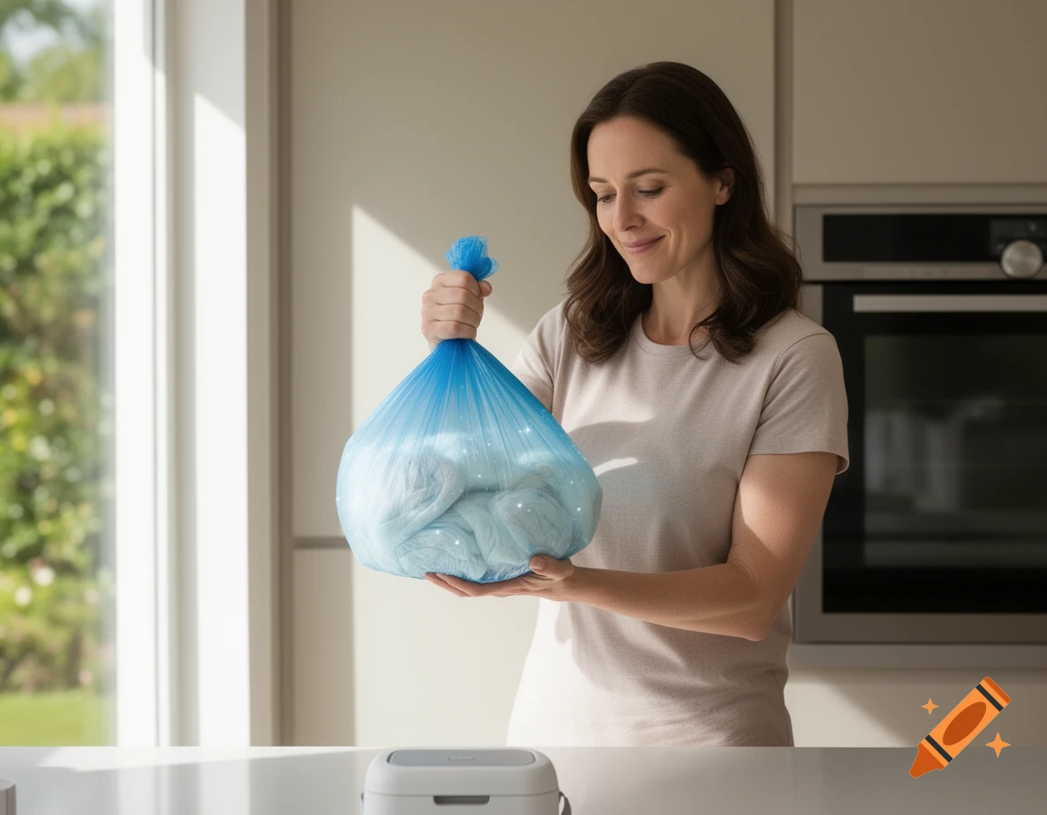 A smiling woman holds a full blue transparent diaper bag in a bright kitchen.